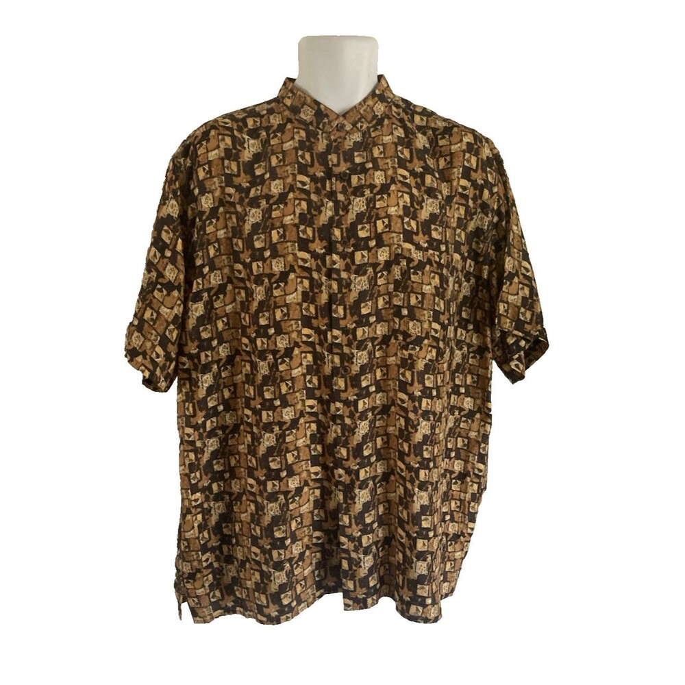 VTG 90s Personal Choice Silk Button Up Shirt Mens Large Short Sleeve Monk Collar